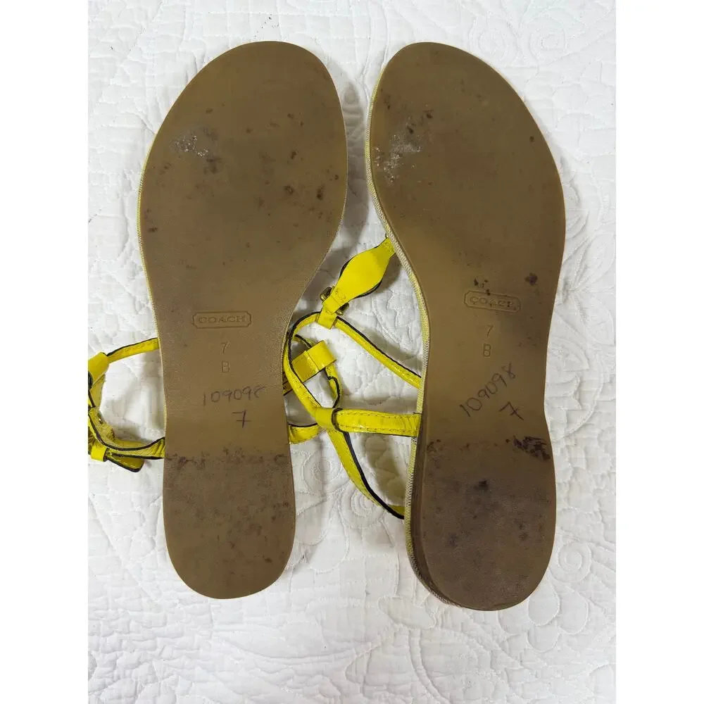 Coach Women’s 7 Yellow Patent Leather Flat Sandals Designer Summer Shoes Luxury
